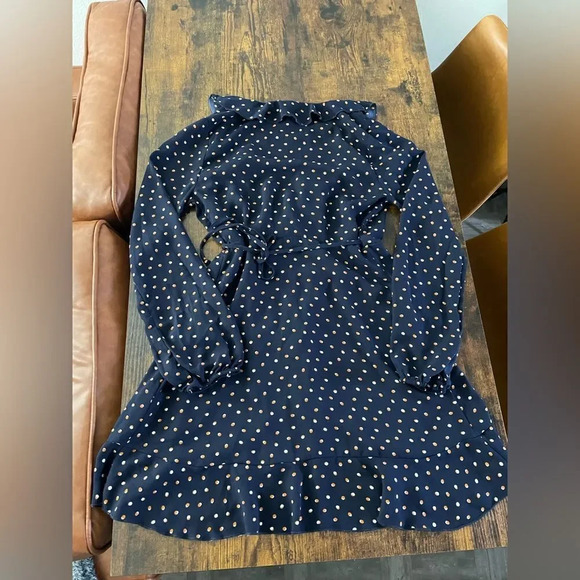 f21 blue wrap dress with orange polka dots ruffle trim - Picture 13 of 13